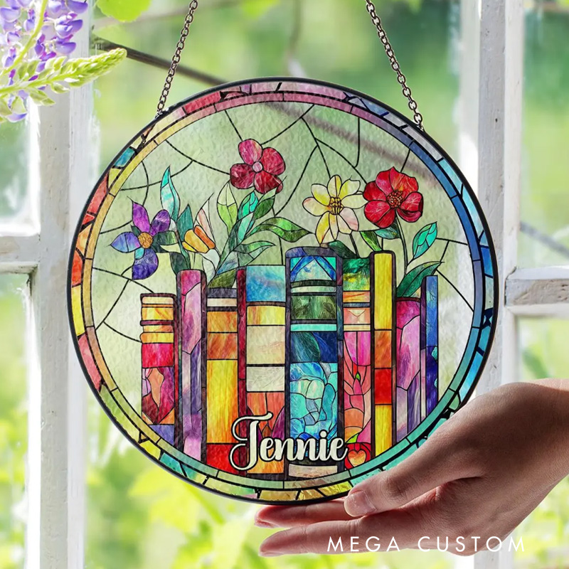 Personalized Floral Book Stained Glass Suncatcher Librarian Suncatcher with Name Bookish Window Decor for Book Lover Gift Librarian Gift