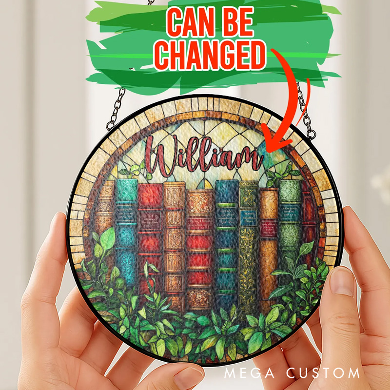Personalized Vintage Book Stained Glass Suncatcher Library Window Art with Name Bookish Window Hanging for Book Lover Gift Librarian Gift