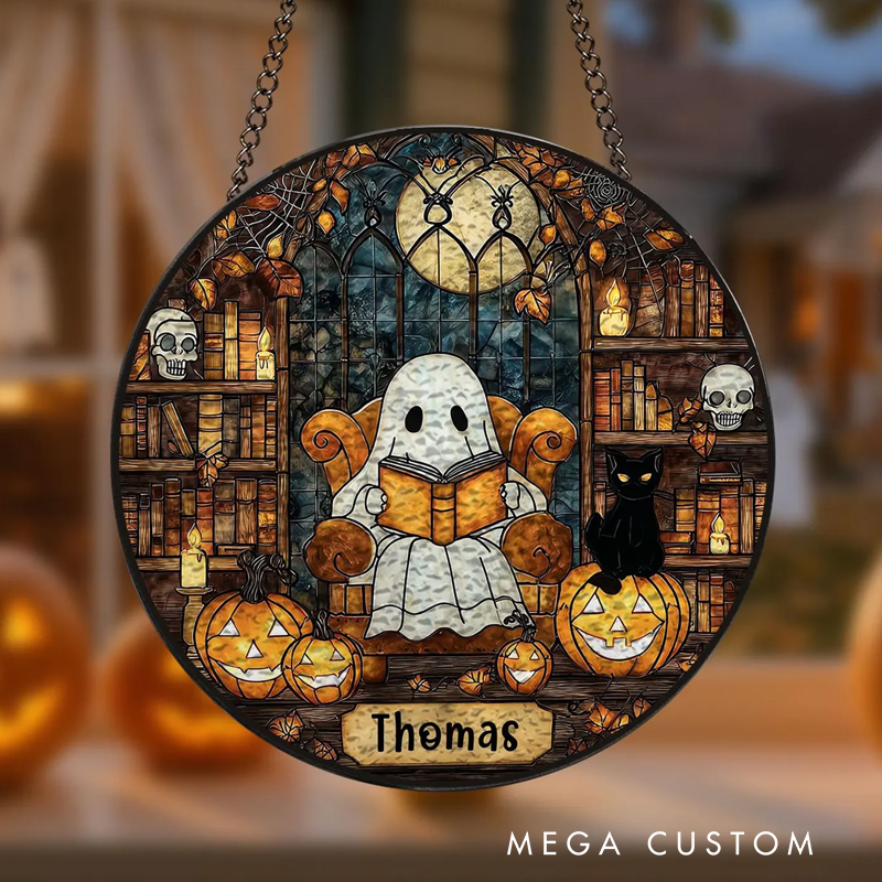Personalized Ghost Reading Book Stained Glass Suncatcher Ghost Gothic Halloween Window Decor with Name for Book Lover Gift Librarian Gift