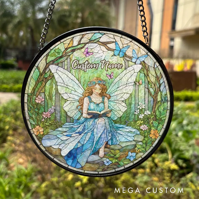 Personalized Butterfly Fairy Reading Book Stained Glass Christmas Fairy Window Hanging Decor with Name for Book Lover Gift Librarian Gift