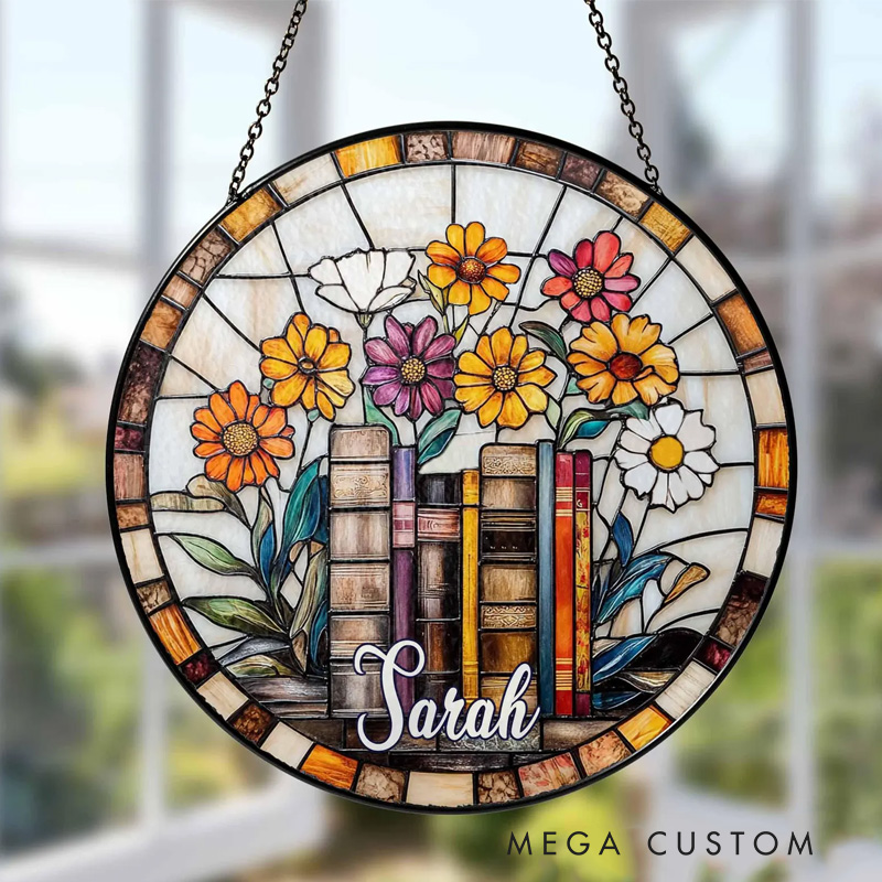 Personalized Book Lover Stained Glass Suncatcher Floral Book Window Hanging with Name Bookish Suncatcher for Book Lover Gift Librarian Gift