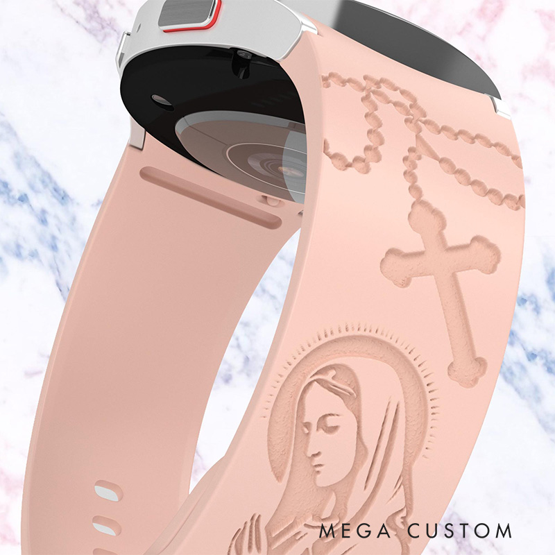 Personalized Virgin Mary with Cross Silicone Watch Band with Name for Huawei Samsung Watch Religious Christian Gift for Her Mother's Day Gift