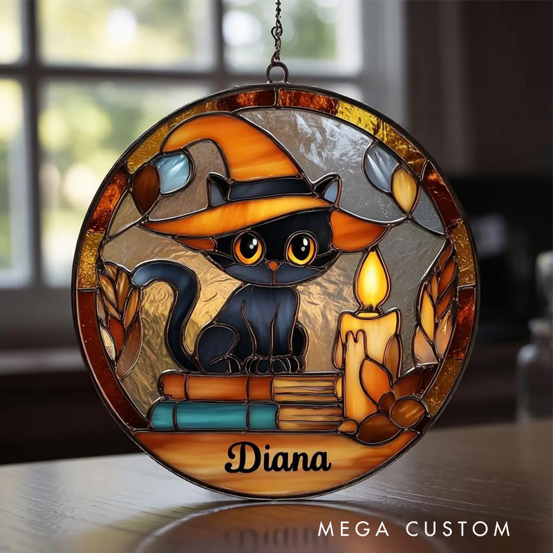 Personalized Black Cat on Book Stained Glass Suncatcher Spooky Cat Window Hanging Halloween Suncatcher for Book Lover Gift Librarian Gift
