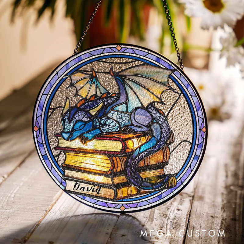 Personalized Book Dragon Stained Glass Suncatcher Fantasy Dragon Window Hanging Bookish Art Decor for Book Lover Gift Librarian Gift