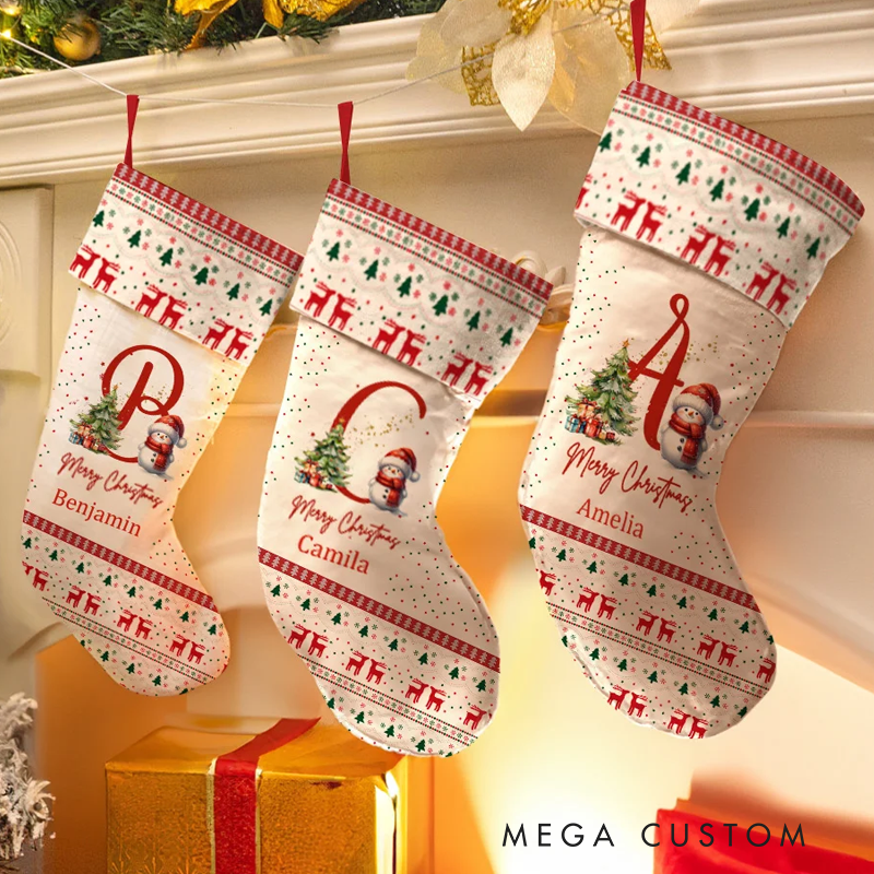 Personalized Cute Holly Hat Snowman Merry Christmas Stocking with Initial and Name Holiday Tree Fireplace Decor Family Party Gift