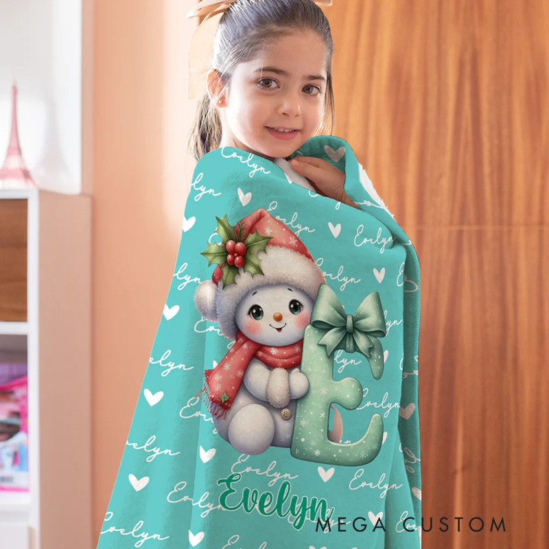 Personalized Santa Hat Snowman Initial Word Cloud Soft Throw Blanket with Name Home Decor Christmas Gift