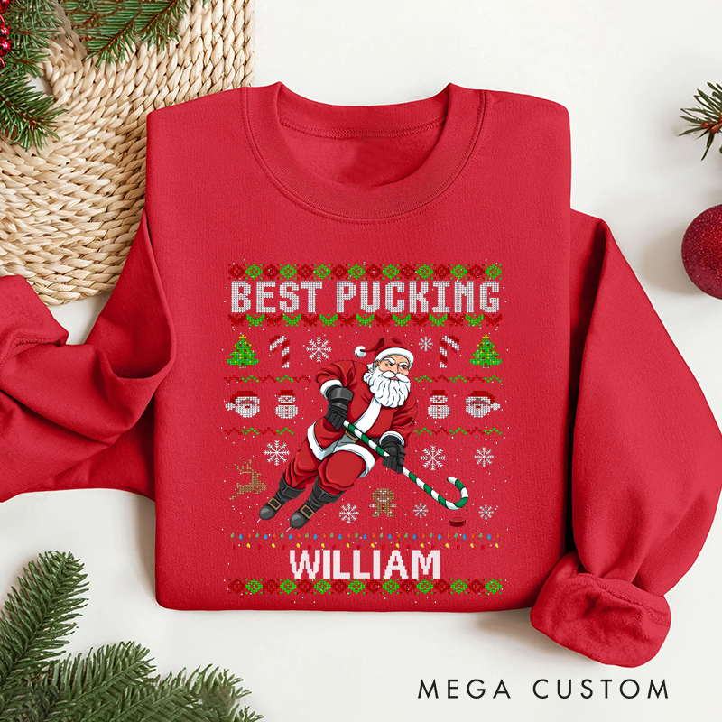 Personalized "Best Pucking" Hockey Christmas Sweater with Custom Name
