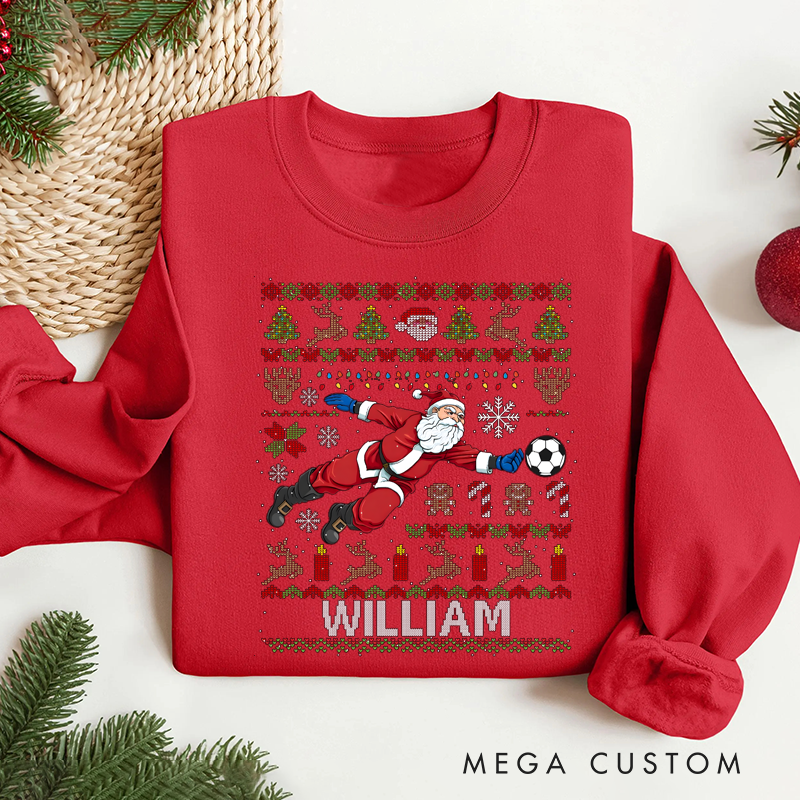 Personalized Soccer Christmas Sweater with Santa Design and Custom Name