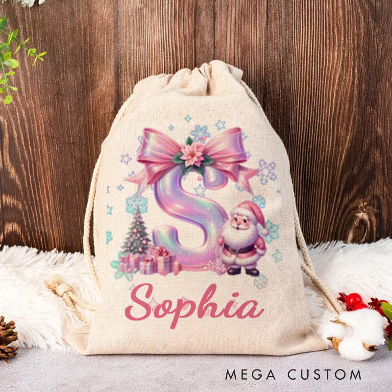 Personalized Christmas Cartoon Character Christmas Sack with Glitter Pink Bow Initial and Name Christmas Gift