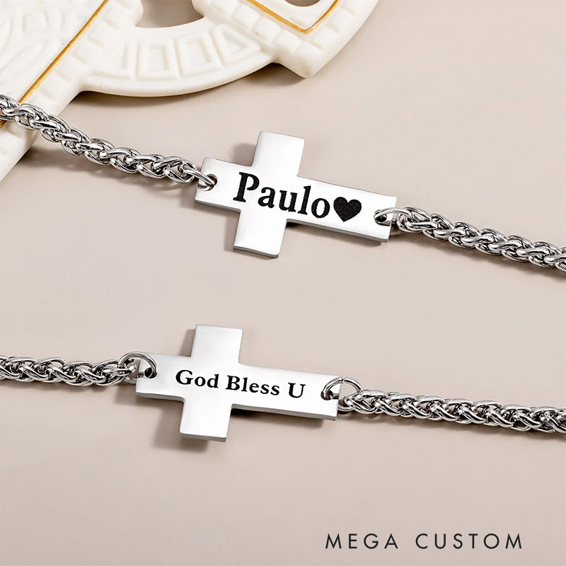 Personalized Cross Pendant Bracelet with Engraved Text Religious Jewelry Baptism Prayer Birthday Gift for Christians