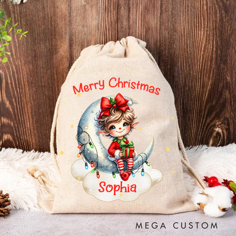 Personalized Dreamy Christmas Elf Moon Cloud Christmas Bag Name and Christmas Gift for Baby Kid