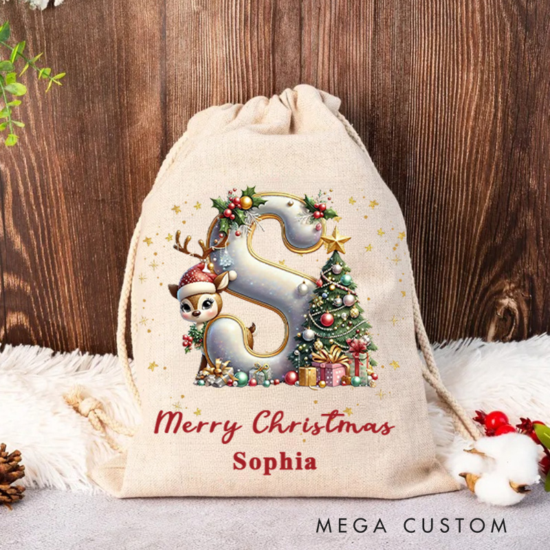 Personalized Initial Christmas Bag with Festive Tree and Reindeer Design Featuring Name for Holiday Fun