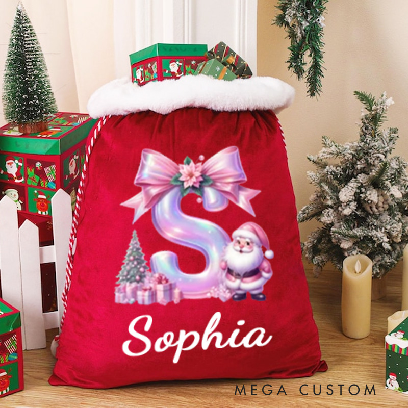 Personalized Christmas Cartoon Character Christmas Sack with Glitter Pink Bow Initial and Name Christmas Gifts