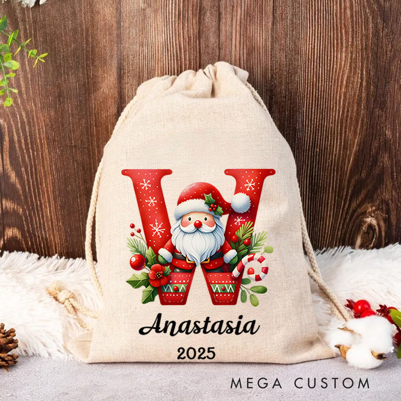 Personalized Santa and Candy Cane Christmas Bag with Initial and Name for a Festive Holiday Season