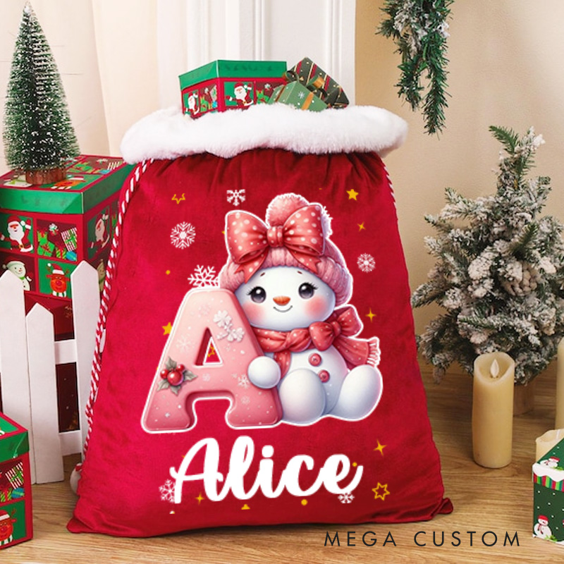 Personalized Cute Cartoon Santa Hat Snowman Initial Drawstring Gift Bag with Name Christmas Gift 