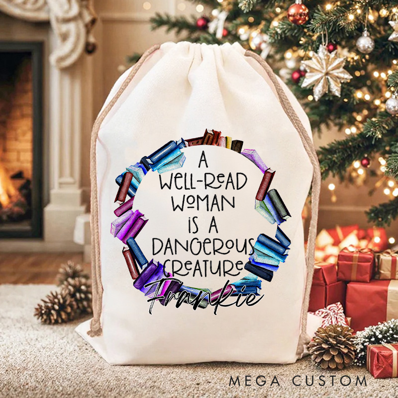 Personalized a Well Read Woman Christmas Bag with Name Bookish Santa Sack Gift Wrap Bag for Holiday Season Book Lover Christmas Gift