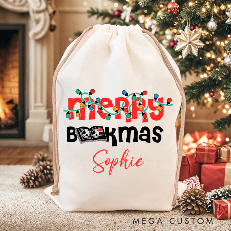 Personalized Merry Bookmas Christmas Bag with Name Merry Christmas Santa Sack Library Santa Sack for Book Lover Christmas Gift