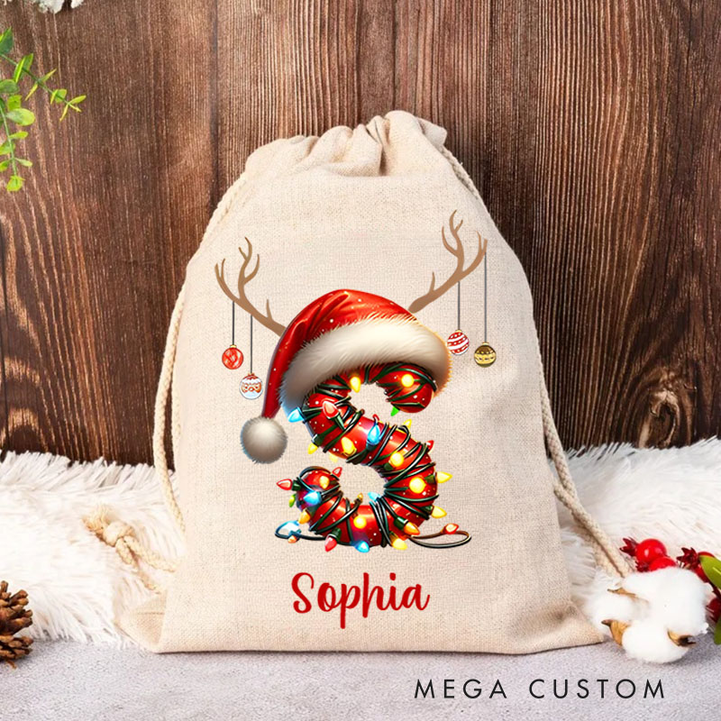 Personalized Santa Hat Initial Christmas Bag with Festive Lights and Name for Holiday Fun
