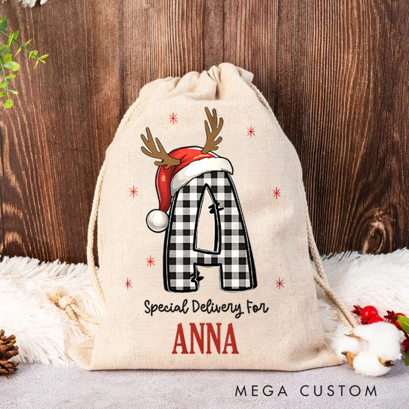 Personalized Plaid Initial Christmas Bag with Reindeer Antlers and Name for a Special Holiday Delivery