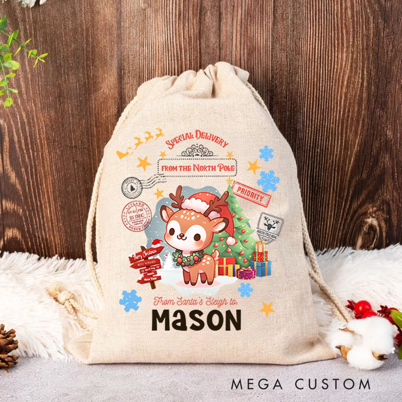 Personalized Deer and Snowflakes Christmas Bag with Name for a Festive and Joyful Celebration