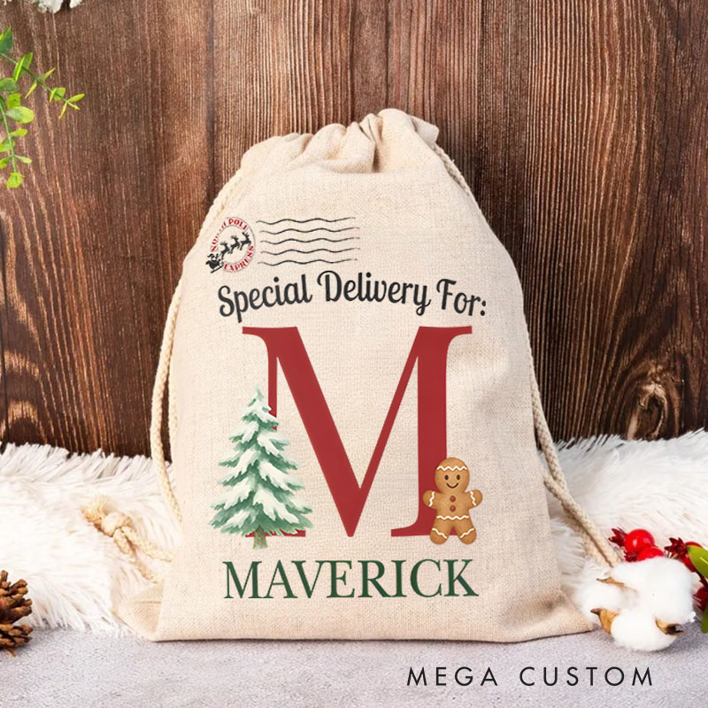 Personalized Festive Initial Christmas Bag with Gingerbread and Tree Featuring Name for a Special Delivery