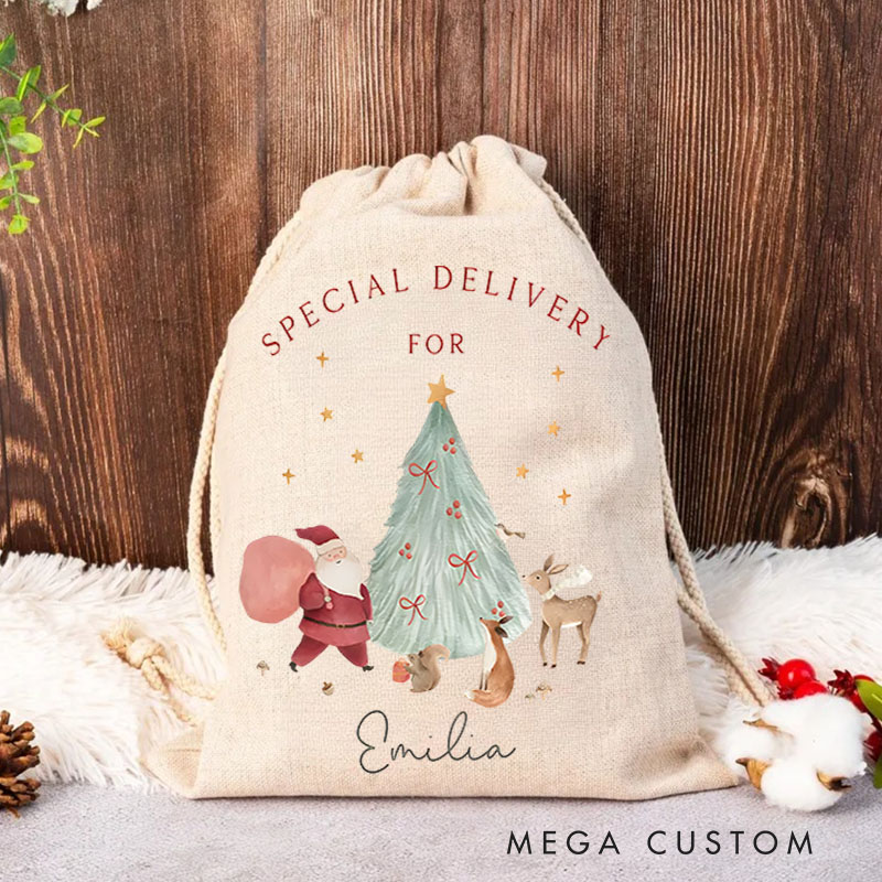 Personalized Santa and Reindeer Christmas Bag with Special Delivery Message and Name for a Magical Holiday