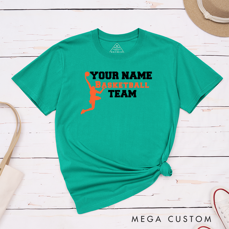 Personalized Basketball Team T-Shirt Design Featuring Custom Name Bold Text and Dynamic Player Silhouette Graphic