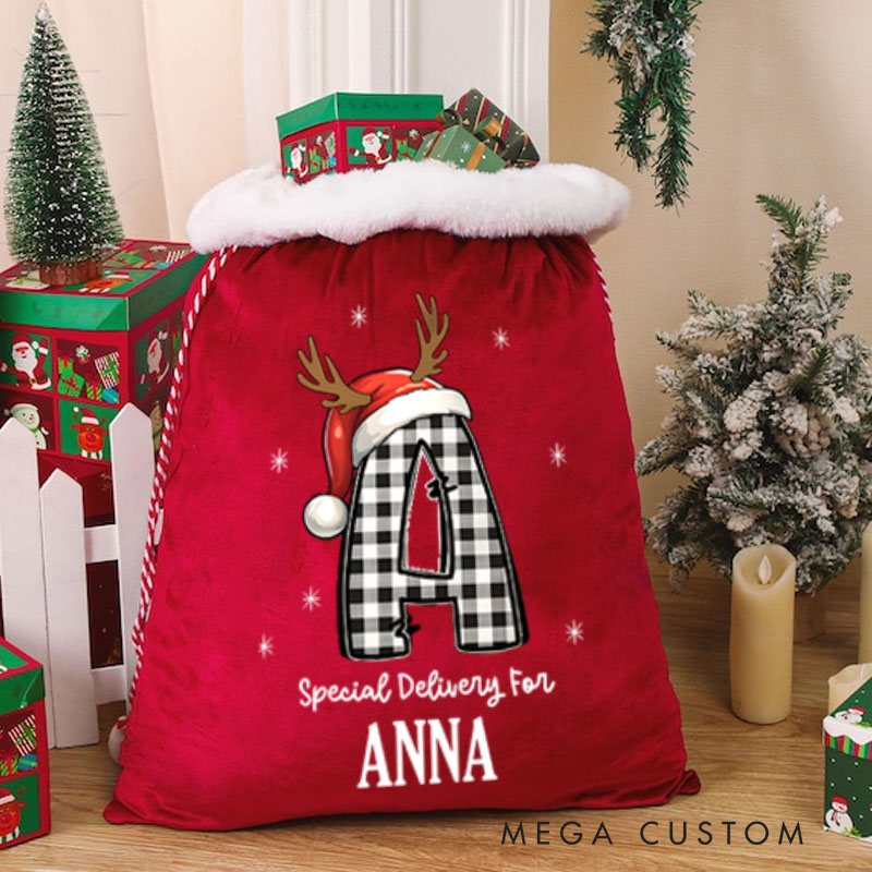 Personalized Plaid Initial Christmas Bag with Reindeer Antlers and Name for a Special Holiday Delivery Gift for Kids Baby