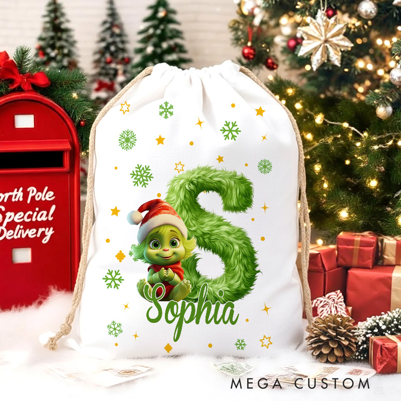 Personalized Cartoon Monster Alphabet Christmas Sack for Space Movie Lovers Santa Sack Christmas Gift Bag for Kids