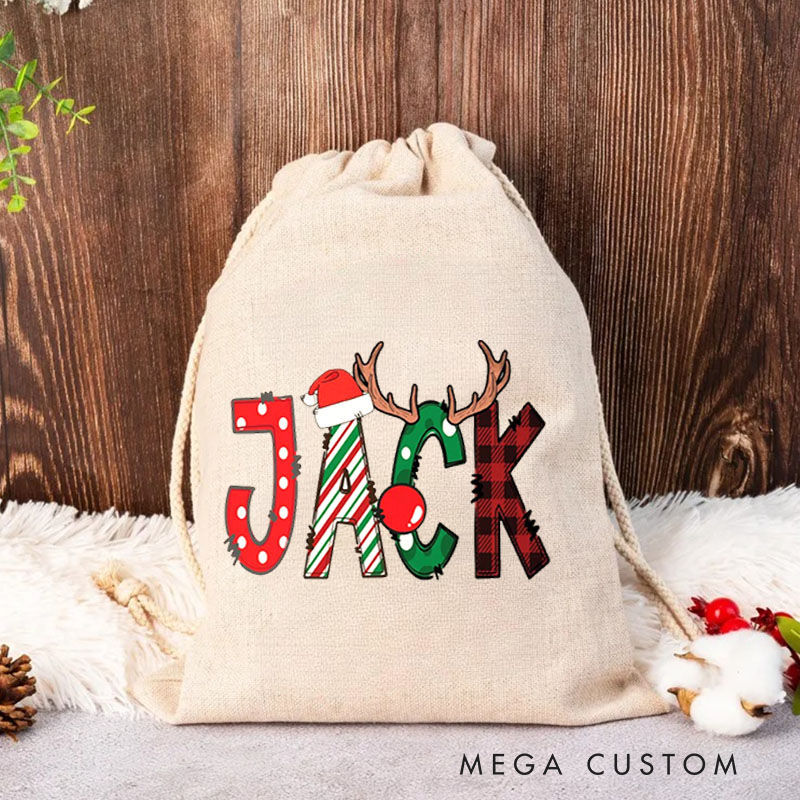 Personalized Festive Name Christmas Bag with Santa Hat and Reindeer Antlers for Holiday Cheer