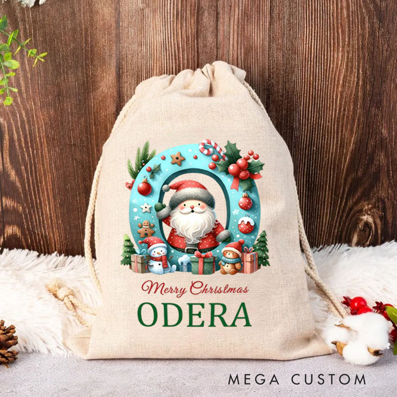 Personalized Santa Initial Christmas Bag with Festive Ornaments and Name for a Merry Celebration