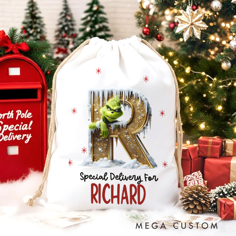 Personalized Golden Glitter Monster Alphabet Christmas Sack for Classic Movie Lovers Santa Sack Christmas Gift Bag for Kids