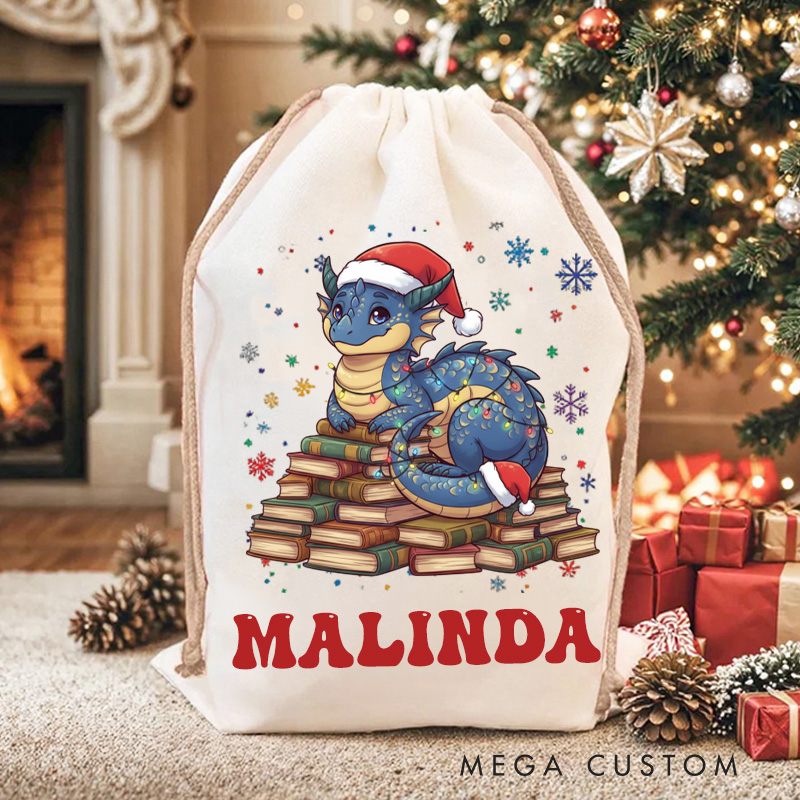 Personalized Dragon and Book Christmas Bag with Name Librarian Santa Sack Bookworm Christmas Sack for Fantasy Book Lovers Christmas Gift