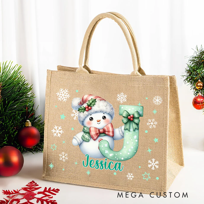 Personalized Cartoon Santa Hat Snowman Bow Initial Jute Tote Bag with Name Birthday Christmas Gift