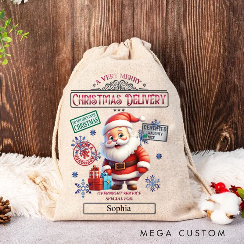 Personalized Santa Express Delivery Christmas Bag with Festive Stamps and Name for a Magical Holiday Gift