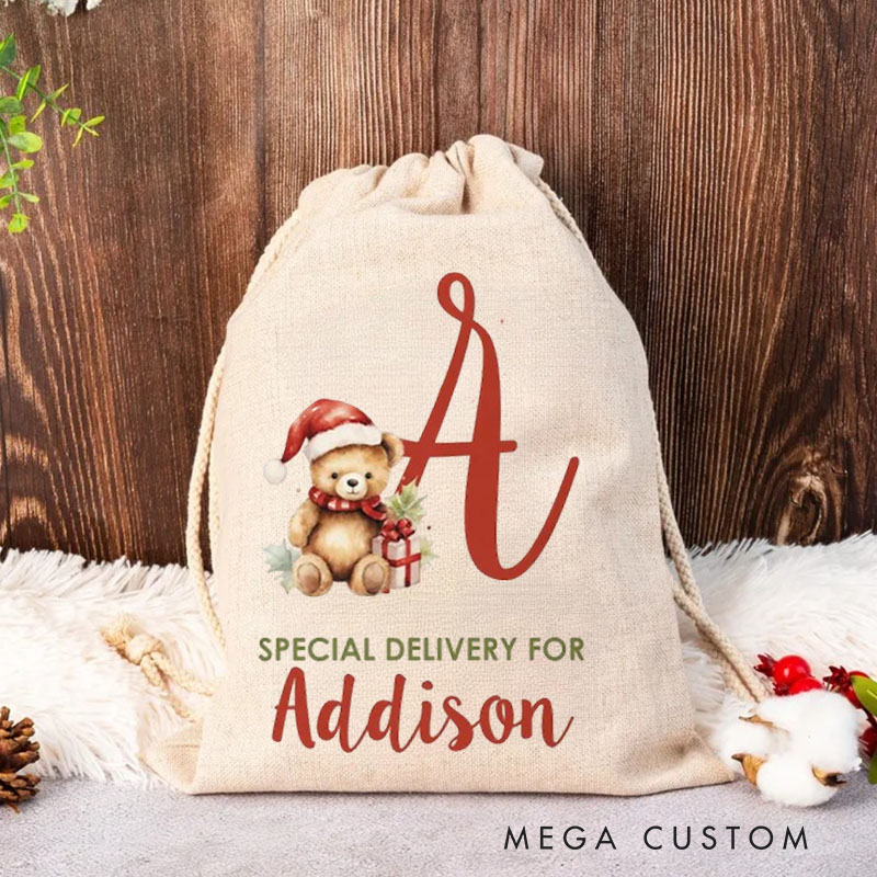 Personalized Teddy Initial Christmas Bag with Santa Hat and Name for a Special Holiday Delivery