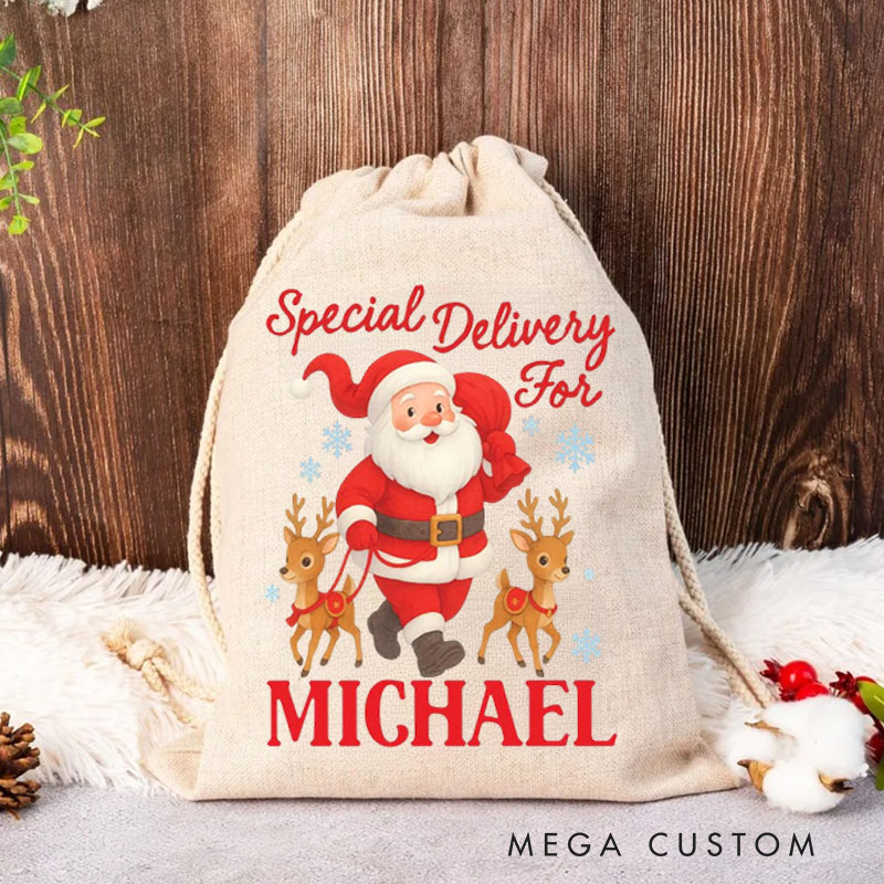 Personalized Santa and Reindeer Christmas Bag with Special Delivery Message and Name for a Festive Holiday