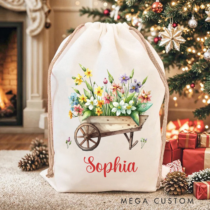 Personalized Christmas Gift Sack with Name Garden Favor Bags Wheelbarrow Floral Design Christmas Gifts