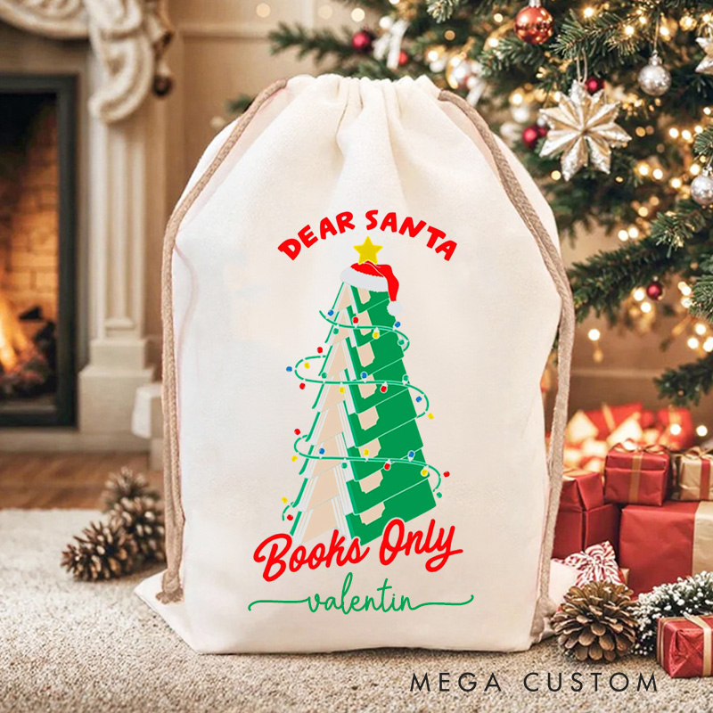 Personalized Dear Santa Christmas Bag with Name Librarian Santa Sack Christmas Tree Books Sack for Book Lovers Christmas Gift