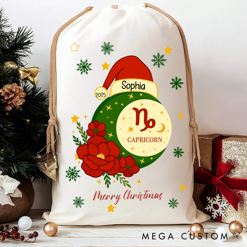 Personalized Zodiac Sign Floral and Name Canvas Gift Bag With Name Christmas Party Gift Christmas Sack Floral Star Sign Zodiac Birth Month Gift