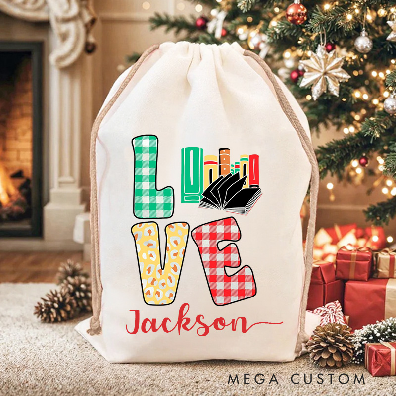 Personalized Love Christmas Bag with Name Librarian Santa Sack Bookworm Christmas Sack for Book Lovers Christmas Gift