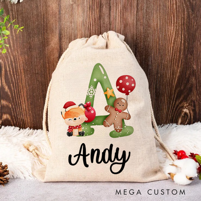 Personalized Christmas Animal Alphabet Linen Drawstring Bag for Gift Wrapping Party Favors