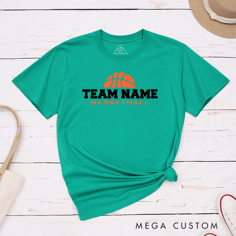 Personalized Basketball Team T-Shirt Design Showcasing Bold Team Name Text and a Striking Orange Basketball Graphic for a Sporty and Dynamic Look