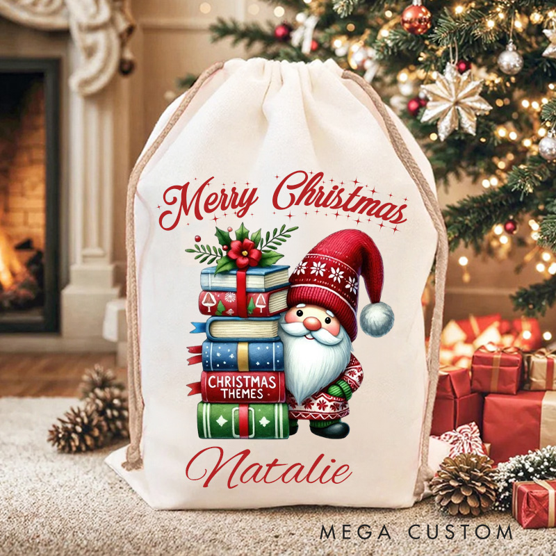 Personalized Book and Gnome Christmas Bag with Name Bookish Santa Sack Flower Book Xmas Sack Book Lover Christmas Gift