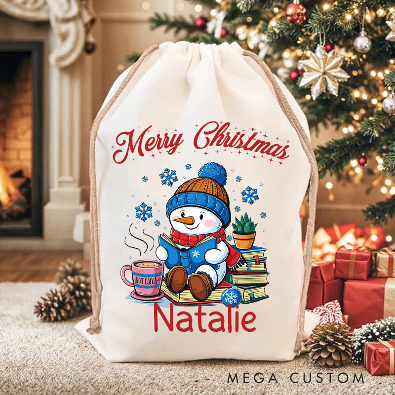 Personalized Reading Snowman Christmas Bag with Name Merry Christmas Bookish Santa Sack for Book Lover Christmas Gift Librarian Gift