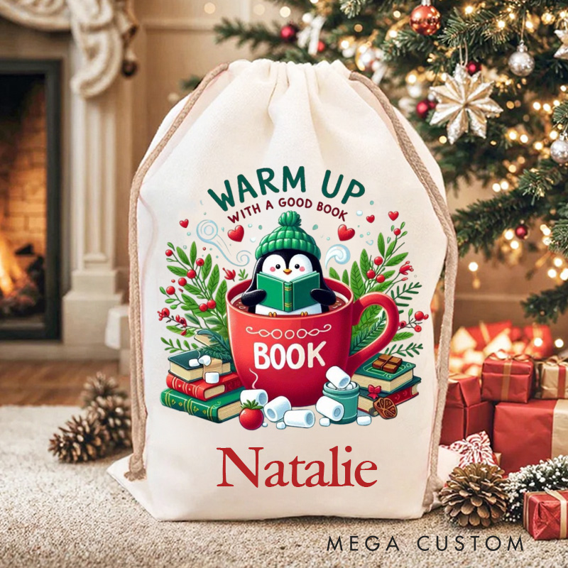 Personalized Warm up with a Good Book Christmas Bag Reading Penguin Santa Sack with Name for Book Lover Christmas Gift Librarian Gift