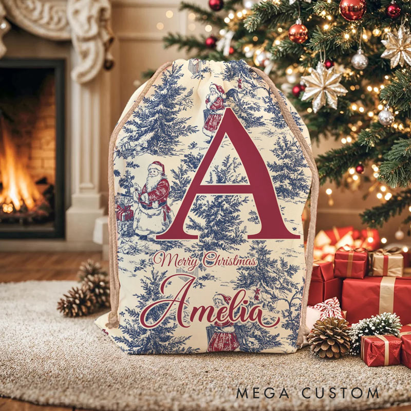 Personalized Vintage Toile De Jouy Santa Claus Initial Canvas Drawstring Gift Bag with Name Christmas Gift for Family Friends Gardening Lovers