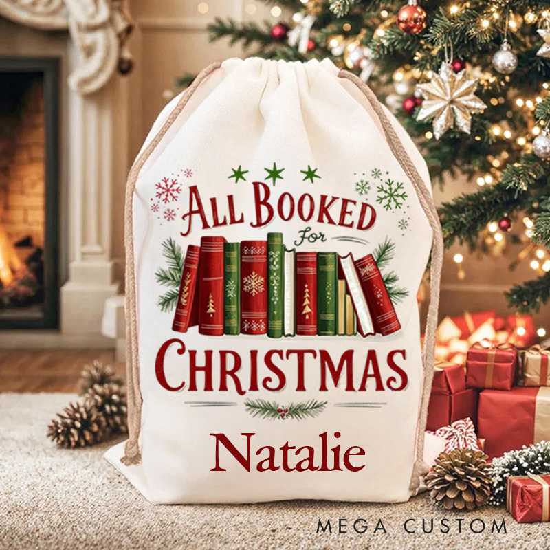 Personalized All Booked Christmas Bag Holly and Bookshelf Santa Sack with Name for Book Lover Christmas Gift Librarian Gift