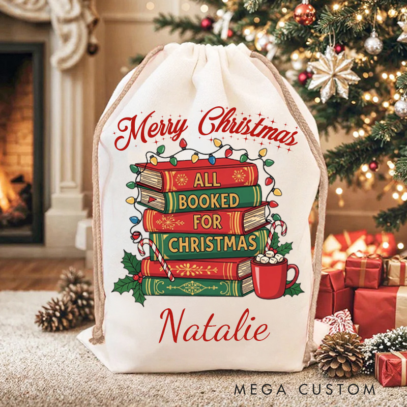 Personalized All Booked for Christmas Bag Merry Christmas Santa Sack with Name Bookworm Xmas Sack for Book Lover Gift Librarian Gift