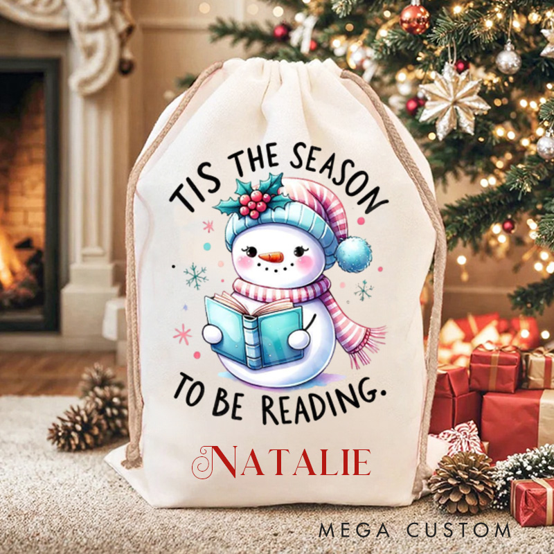 Personalized Tis the Season to Be Reading Christmas Bag Kids Reading Snowman Santa Sack for Kids Bookworm Xmas Sack with Name Book Lover Gift